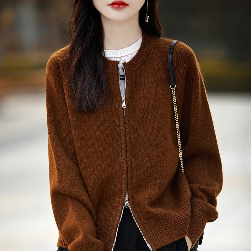 BELIARST Womens Top Spring Wear Zipper Cardigan 100% Pure Wool Knitted O-Neck Coat Casual Loose Long sleeved Jacket 240824