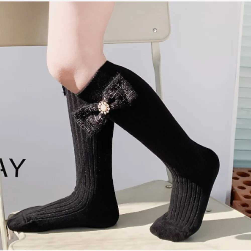 Girls socks pearl big bowknot sweet princess calf sock kids baby combed cotton sokken toddler infant knee high stocking CL240824