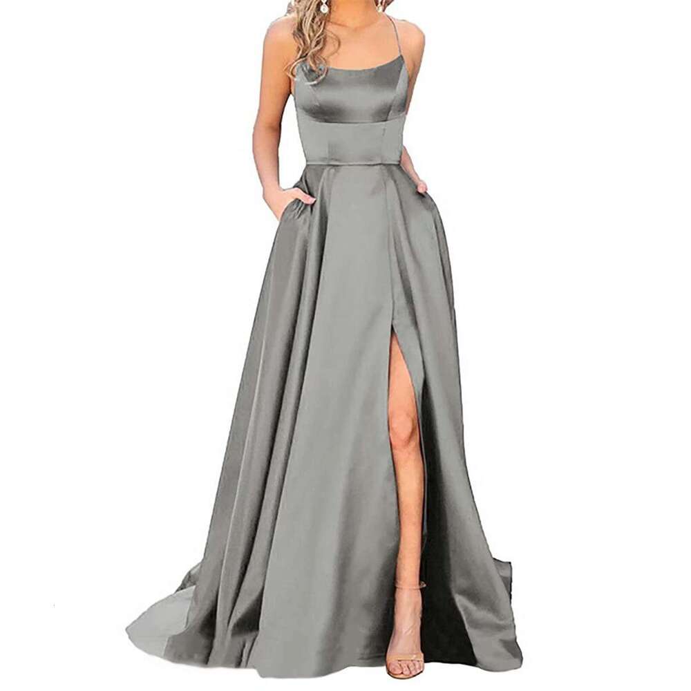 Prom Weddings Women Backless Long Dresses Satin Spaghetti Party Plus-Size Elegant Side Slit Formal Dress