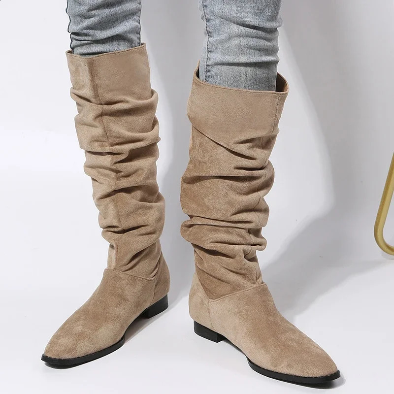 JF Fashion Wrinkled Womens Knee High Boots Low Boots Womens Dot Toe Knight Boots High Quality Long Boots 240823