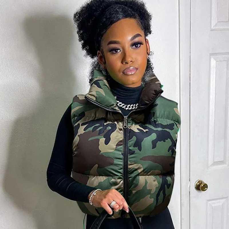 Women's Down Parkas Women Camouflage Puffer Jackets Vest Slveless Camo Bubble Coats Parkas Down High Waist Drawstring Vests Cotton Cropped Parka 