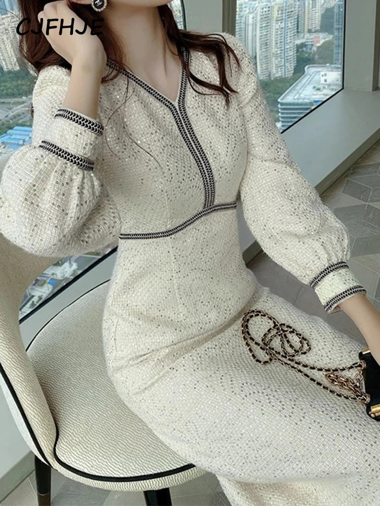 Party Temperament Slim Tweed Long Sleeved Woman Dress Vintage Sequins V-Neck Woolen Maxi Dresses for Women Vestidos Winter 240824