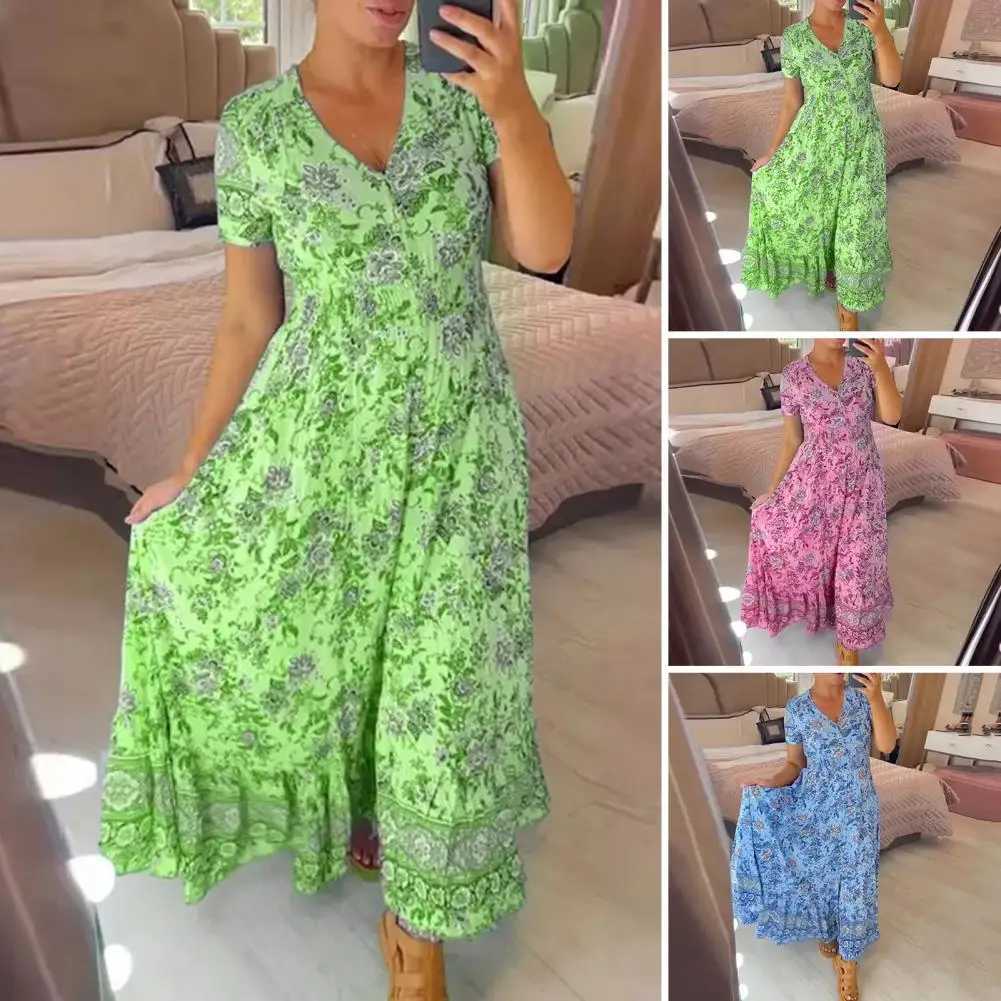 Basic Casual Dresses Floral Printed Dress Floral Print V Neck Maxi Dress with Ruffle Edge High Waist A-line Silhouette for Dating or Beach Ankle Y2405