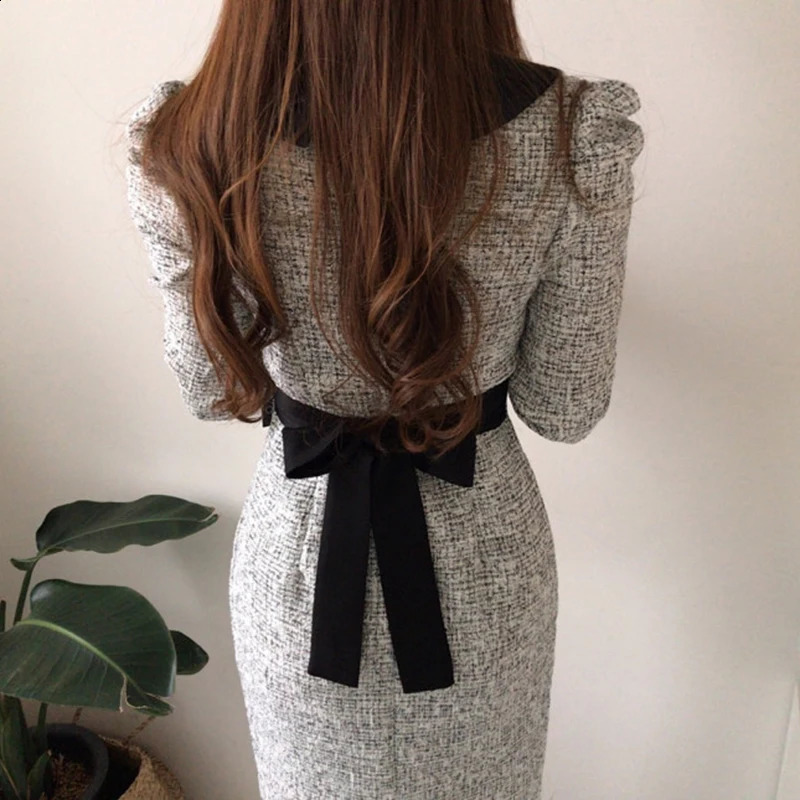EWQ Fashion Contrast Lapel Lace Up Collect Waist Tweed Dress Autumn spring Thickened Mid-calf Women Dresses 16R871 240824