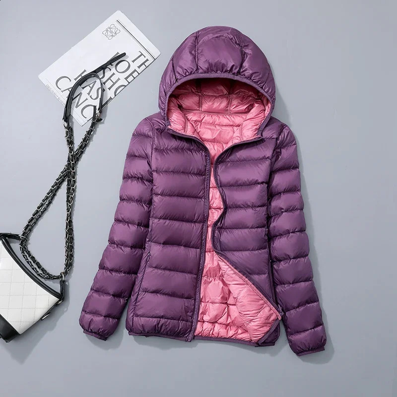 Double sided womens hooded short sleeved down jacket Arrivals Plus size ultra light packaging 240823