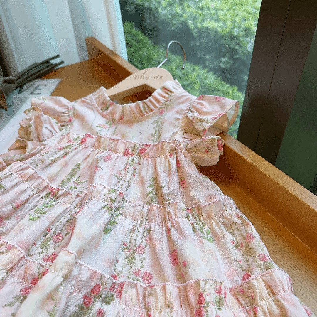 Girls' dress summer 2024 new stylish sweet ral small flying sleeves little girl princess cake skirt 111 F22-08.24