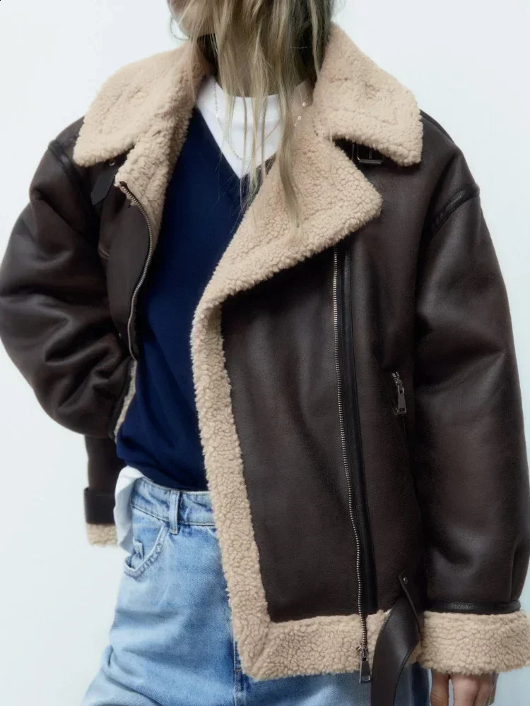 Womans Thick Warm Double Faced Faux Shearling Jacket Fall Winter Lapel Long Sleeve Belted Hem Zip Clre Female Outerwear 240823
