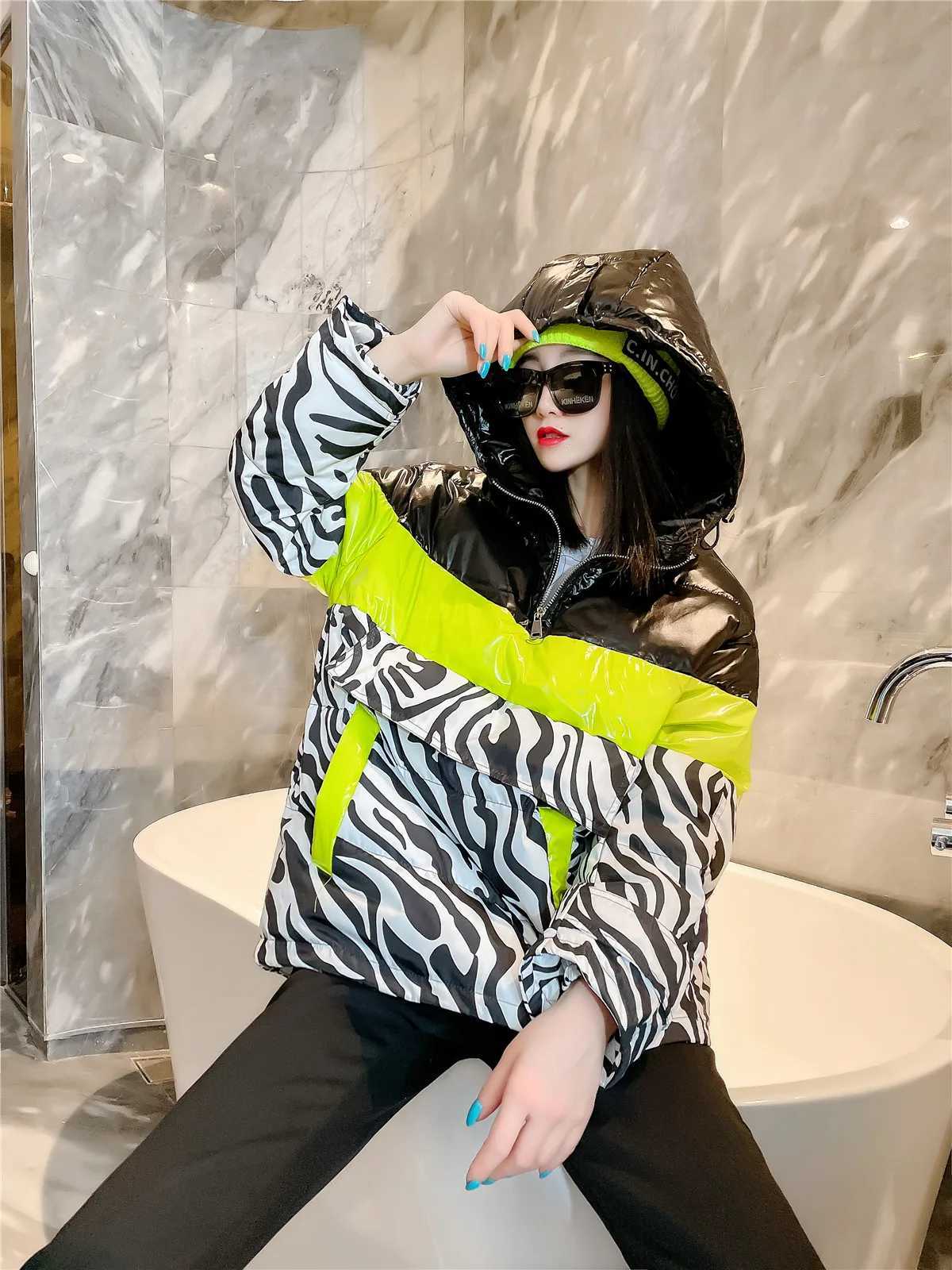 Women's Down Parkas Parka womens winter down jacket Stilysh zebra print jacket Coats womens long hooded jacket thick cotton padded jacket Y240824
