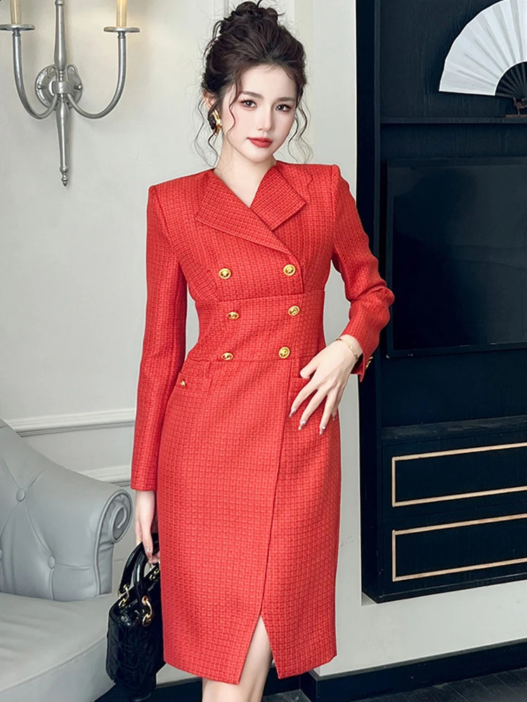 Quality Elegant Midi Dress for Women Business Red Tweed V-neck Double Breasted Long Sleeve Robe Office Lady Professional Vestido 240824