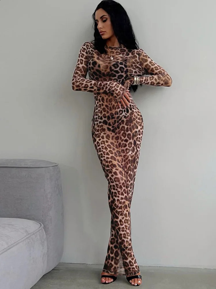 Women Summer Leopard Print Mesh Dress Streetwear Fashion Sexy O-neck Long Sleeve See-through Slim Holiday Party Dresses 240823