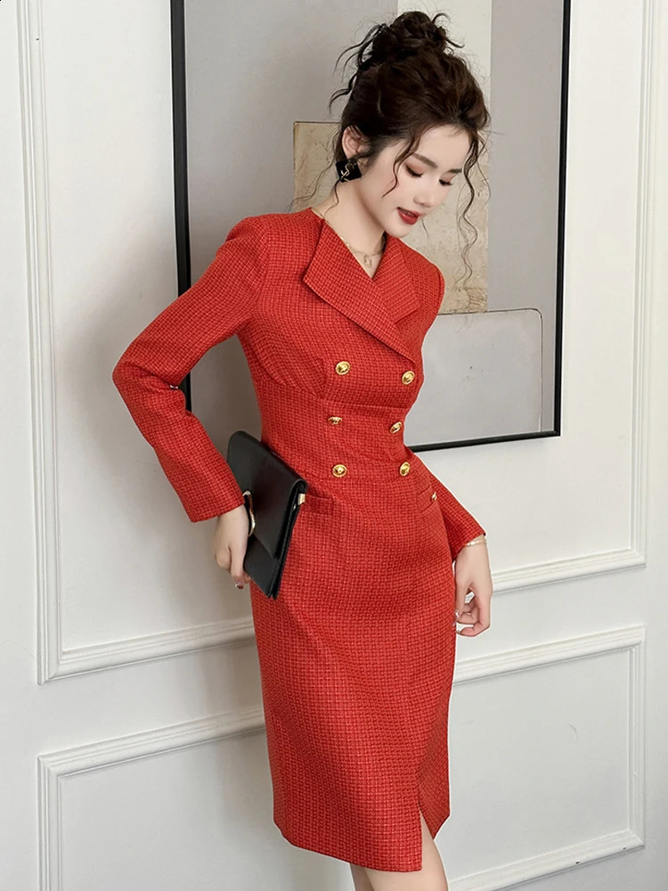 Quality Elegant Midi Dress for Women Business Red Tweed V-neck Double Breasted Long Sleeve Robe Office Lady Professional Vestido 240824