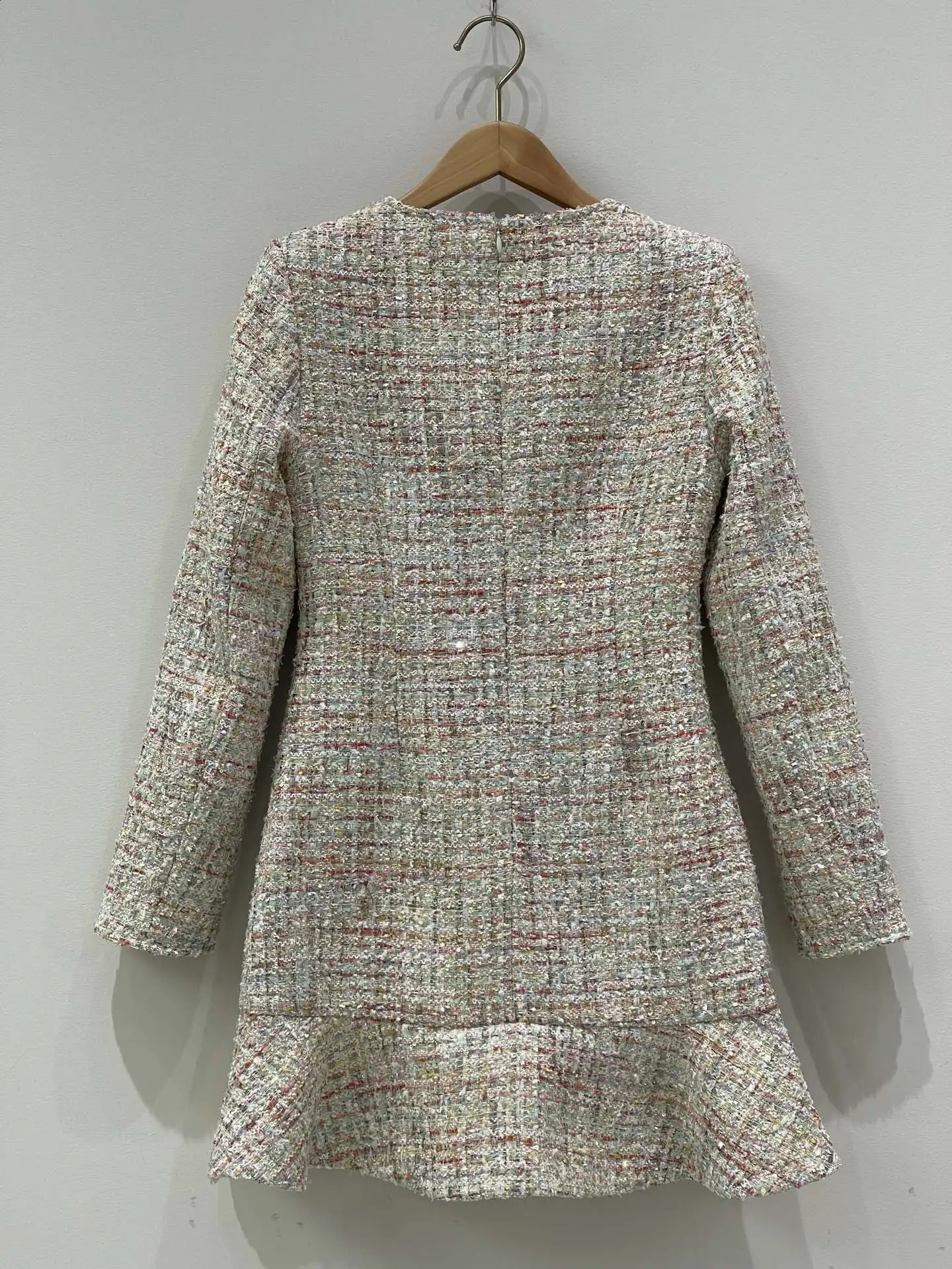 womens fashion long-sleeved V-neck waist ruffle hem circle tweed mini dress 0720 240824