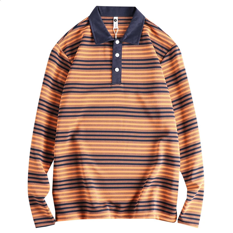Spring Autumn American Retro Long Sleeve Lapel Knitted Striped Polo Shirt Mens British Fashion Loose Casual T-shirt 240824