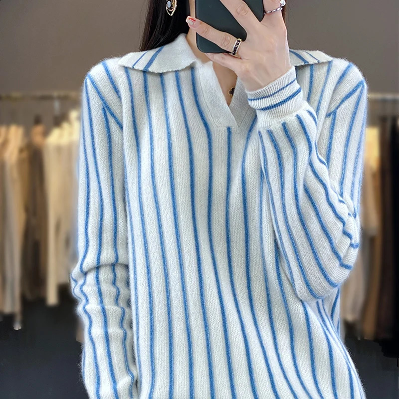 100% Merino Wool Sweater Womens Pullover Autumn Winter Most Trend Womens Clothing Fashion Classic Striped Knit POLO Neck Top 240824