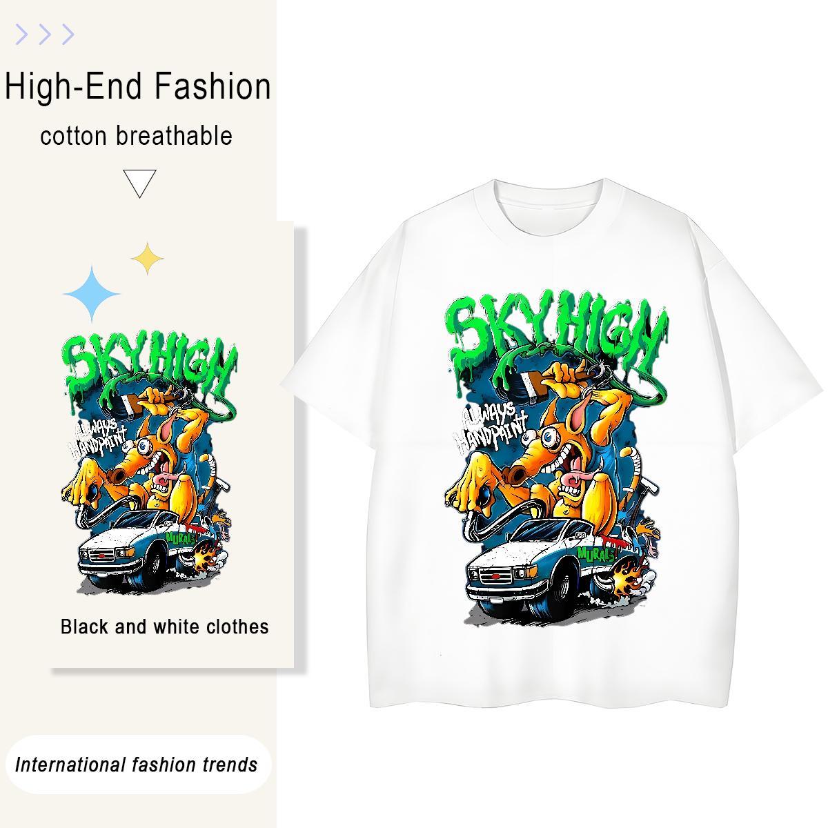 Classic T shirt 230g Pure Cotton skull Outdoor Cartoon Printing L-4XL Breathable Crew Neck Tshirt for Man Woman 2024 Summer Tops Shirt