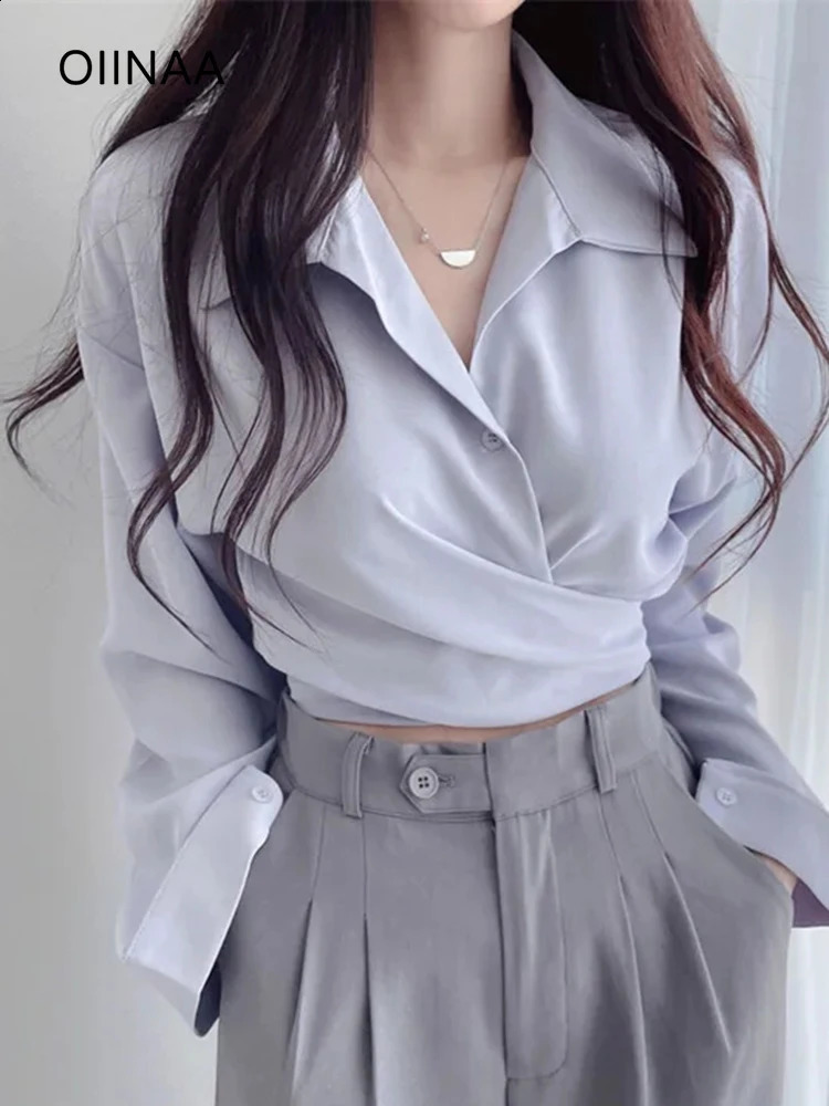 OIINAA Solid Shirts for Women Tops Vintage Long Sleeve Slim Chic Short Casual V-Neck Blouse Irregular Summer Fashion Korean Top 240823