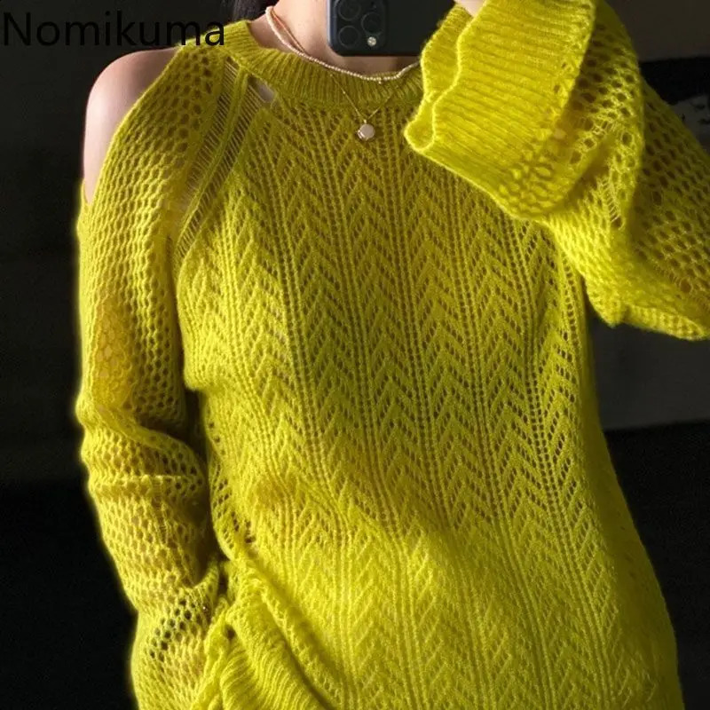 Korean Sweater for Women Long Sleeve O-neck Thin Jumper Sueter Mujer Off Shoulder Fashion Hollow Out Knitted Thin Pullovers Tops 240824