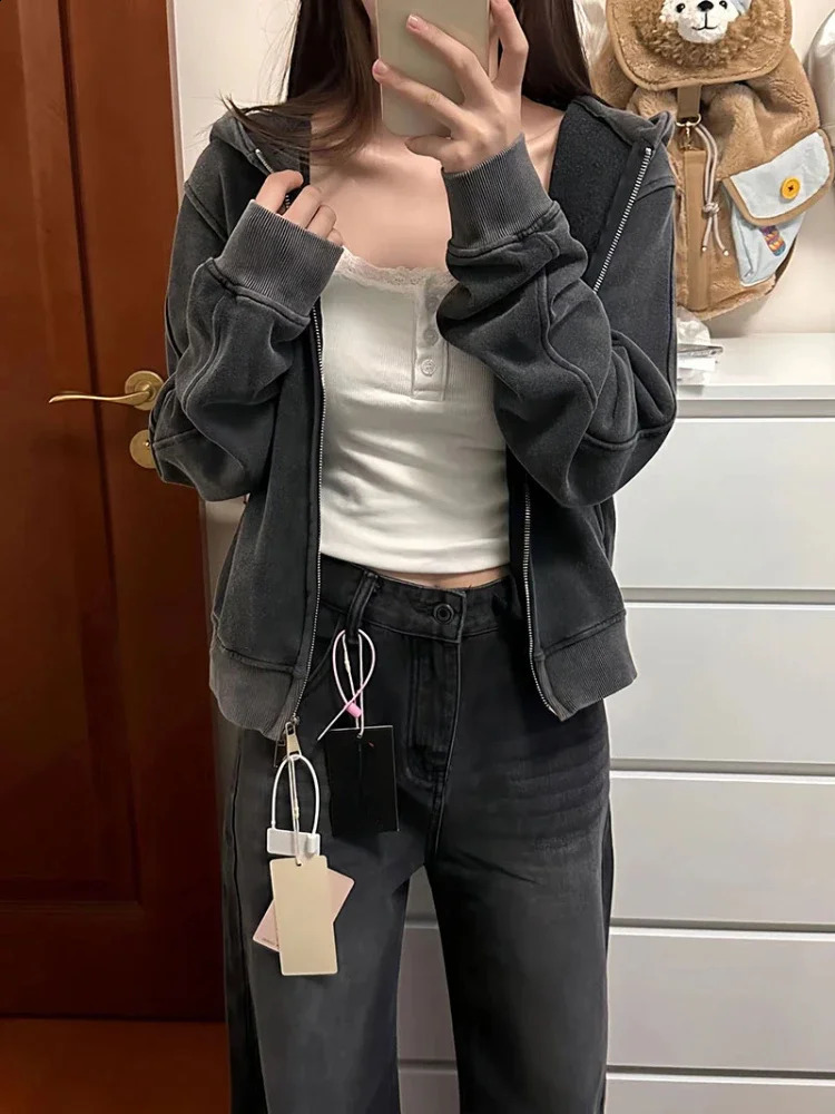 Grunge Solid Y2k Aesthetic Hoodies Harajuku Vintage Double Zipper Jacket Autumn Fashion Cropped Sweatshirt Japanese Streetwear 240824