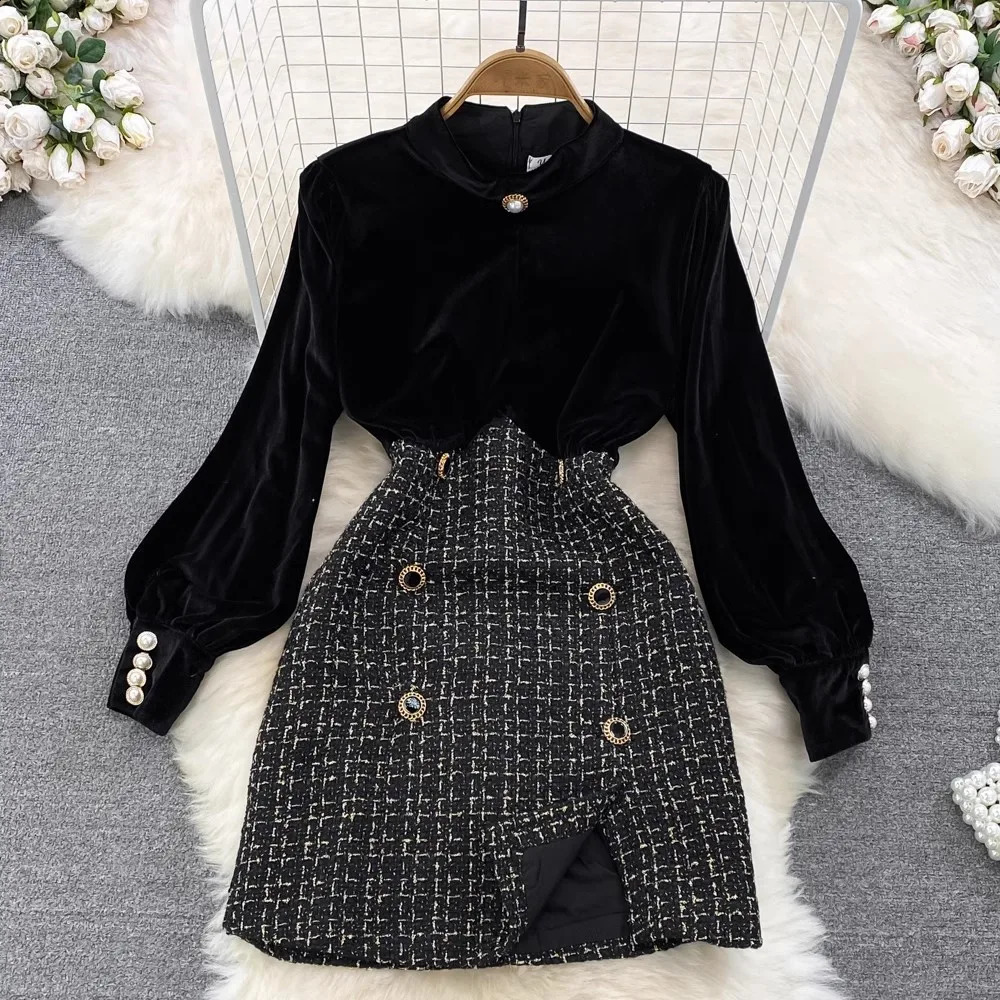 Vintage Black Velvet Dress Women Spring Autumn Long Sleeve Patchwork Tweed Mini Dress Party Dress Vestidos 240824