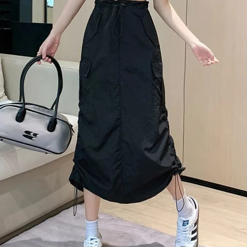 Casual Elastic Waist Straight Cargo Skirts for Long Skirts Spring Summer Drawstring Length Classic Versatile Mid-Length Skirt 240823
