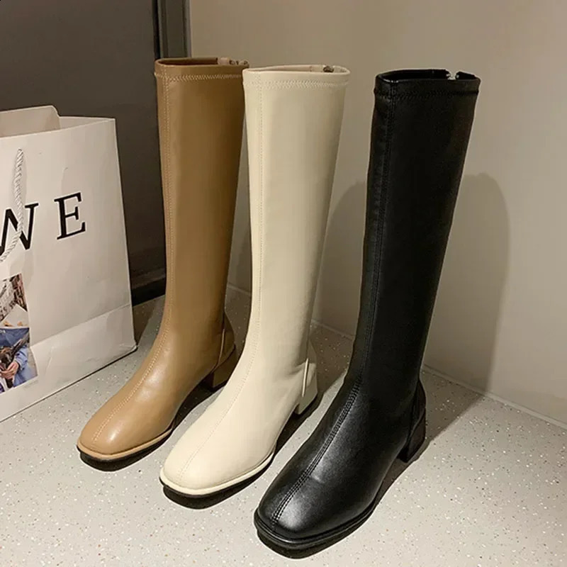 2024 Large 43 Thick High Heel Knight Knee Boots Womens Elegant Shoes Plush White Autumn Winter Leather Boots 240823