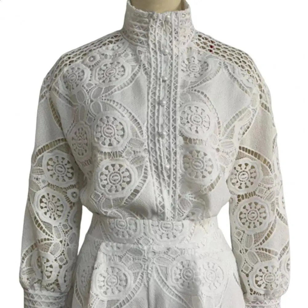 2-piece/set stand up collar long sleeved womens dress single chest high waist embroidery hollow lace shirt wide leg short sleeved set 240903