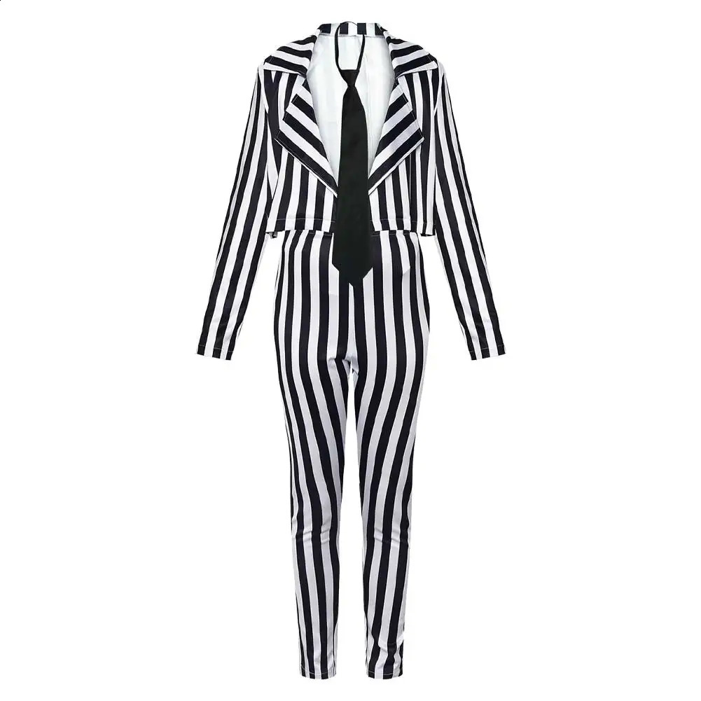 Wholesale Halloween horror Scray roleplaying set with black and white vertical stripes stage costumes adult womens fantasy 240823