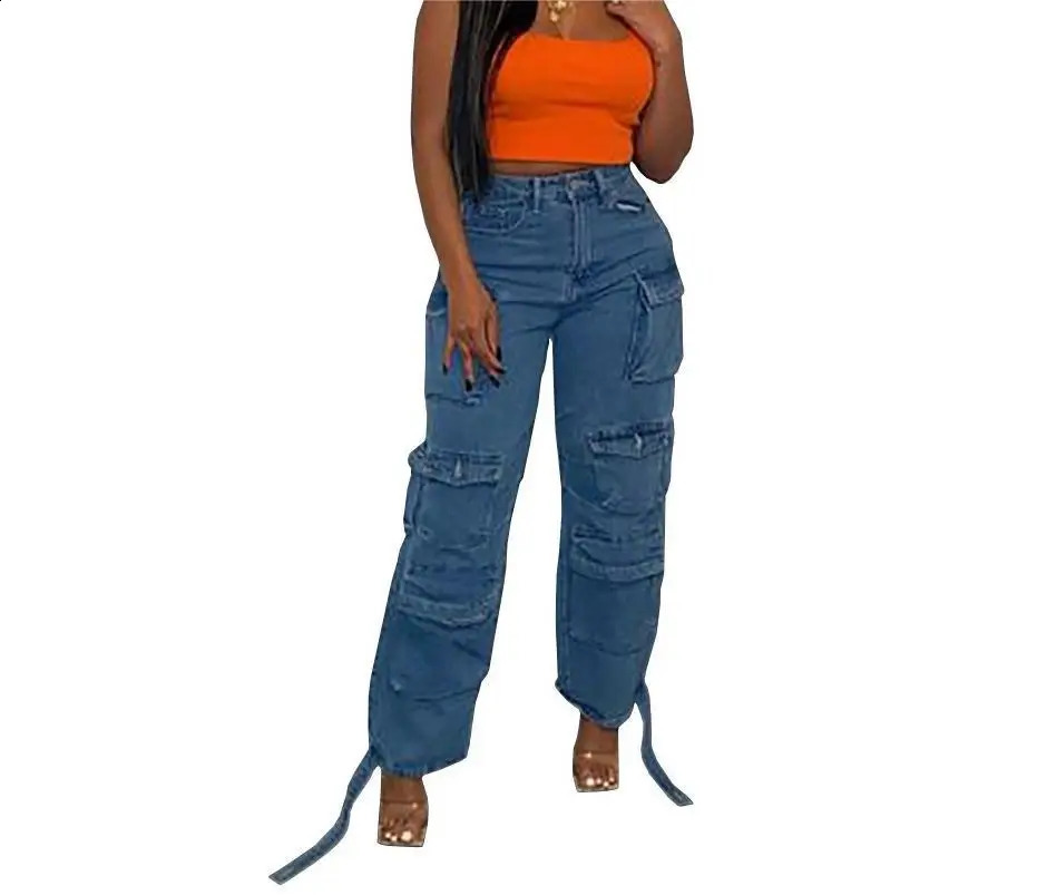 Womens denim jeans washing patch work cargo pants pocket mid waist zipper flight winter light stretch high street loose 240823