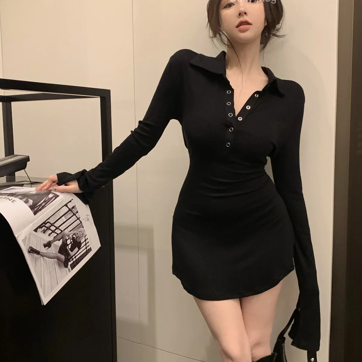 Sexy Mini Dress Polo Collar For Women Autumn Long Sleeve Aesthetic Slimming Bodycon Skirt Pure Desire Fashion T-dress 240823