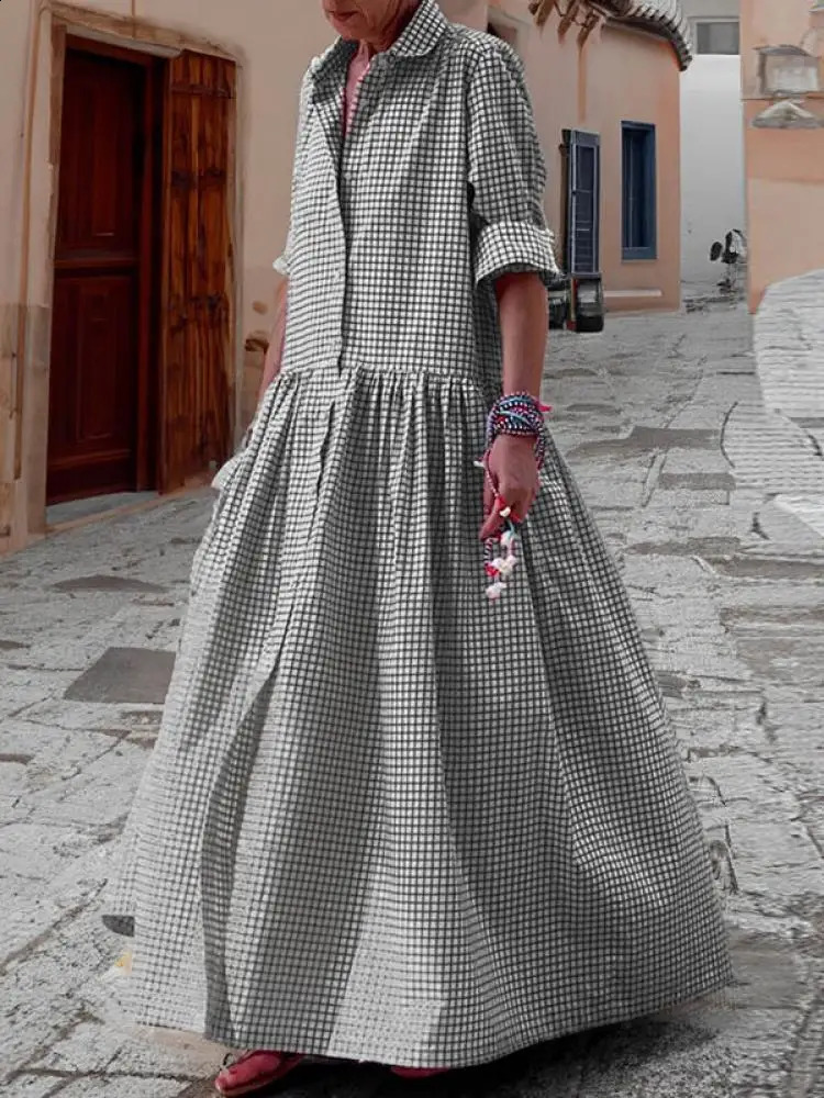 Yeezzi Women Korean Fashion Plaid Pleated Lapel Shirts Dress Spring Autumn Long Sleeve Loose Button Casual Maxi Dresses 240824