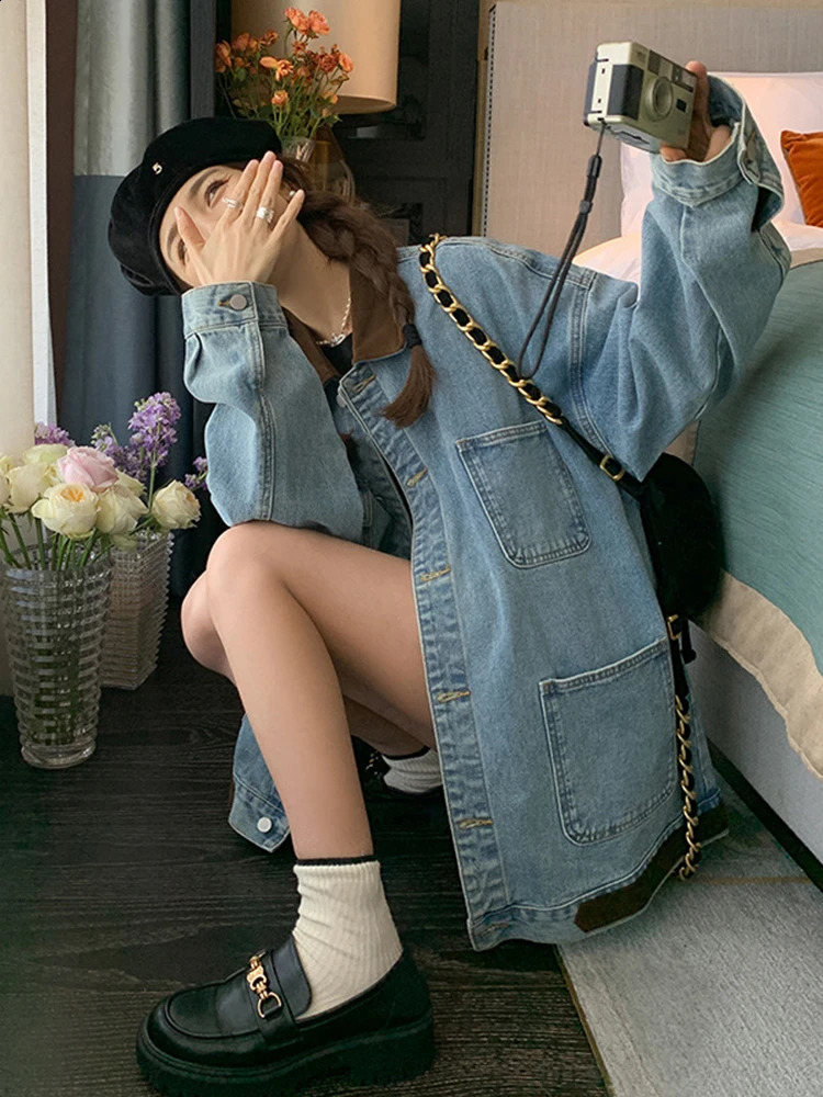 LANMREM Patchwork Denim Jacket Women Lapel Single Breasted Loose Oversized Coats Female Fashion Clothing Spring 2DA3708 240823