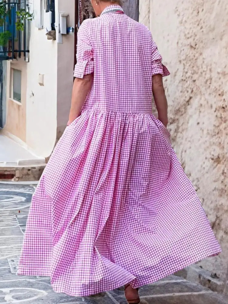 Yeezzi Women Korean Fashion Plaid Pleated Lapel Shirts Dress Spring Autumn Long Sleeve Loose Button Casual Maxi Dresses 240824