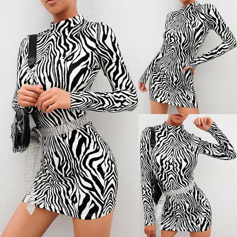 Fashion Sexy Women Bodycon Long Sleeve Zebra Striped Dress Clubwear Print Turtleneck Slim Dress Evening Party Mini Pencil Dress 240823
