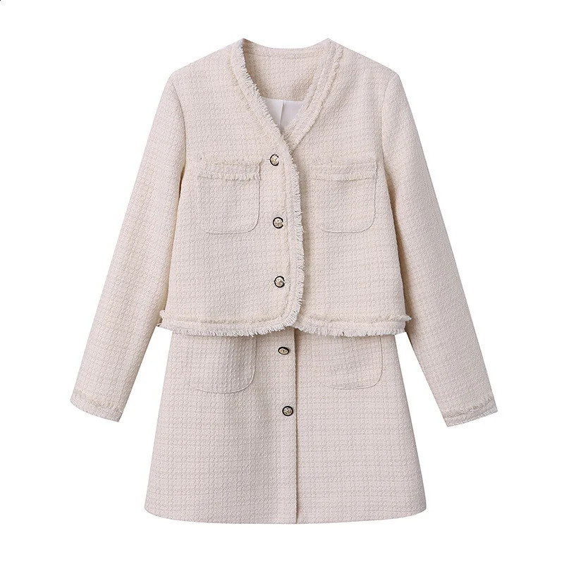 French Aristocratic Temperament Tweed Tassel Simple Coat Sleeveless Dress Korea Elegant Casual Loose Two Piece Set for Women 240823