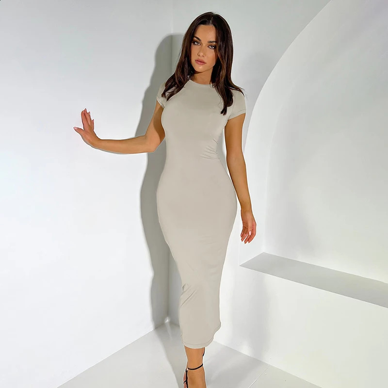CUTENOVA Women Solid Color Slim Short Sleeve Casual Pullover Sumer Long Dress Skinny Sexy Daily Dress 240823