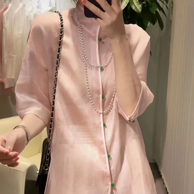 Spring and Autumn Chinese Style Minimalist Fashion Mid to Long Blouses Stand Up Collar Solid Color Button Womens Shirt Top 240823