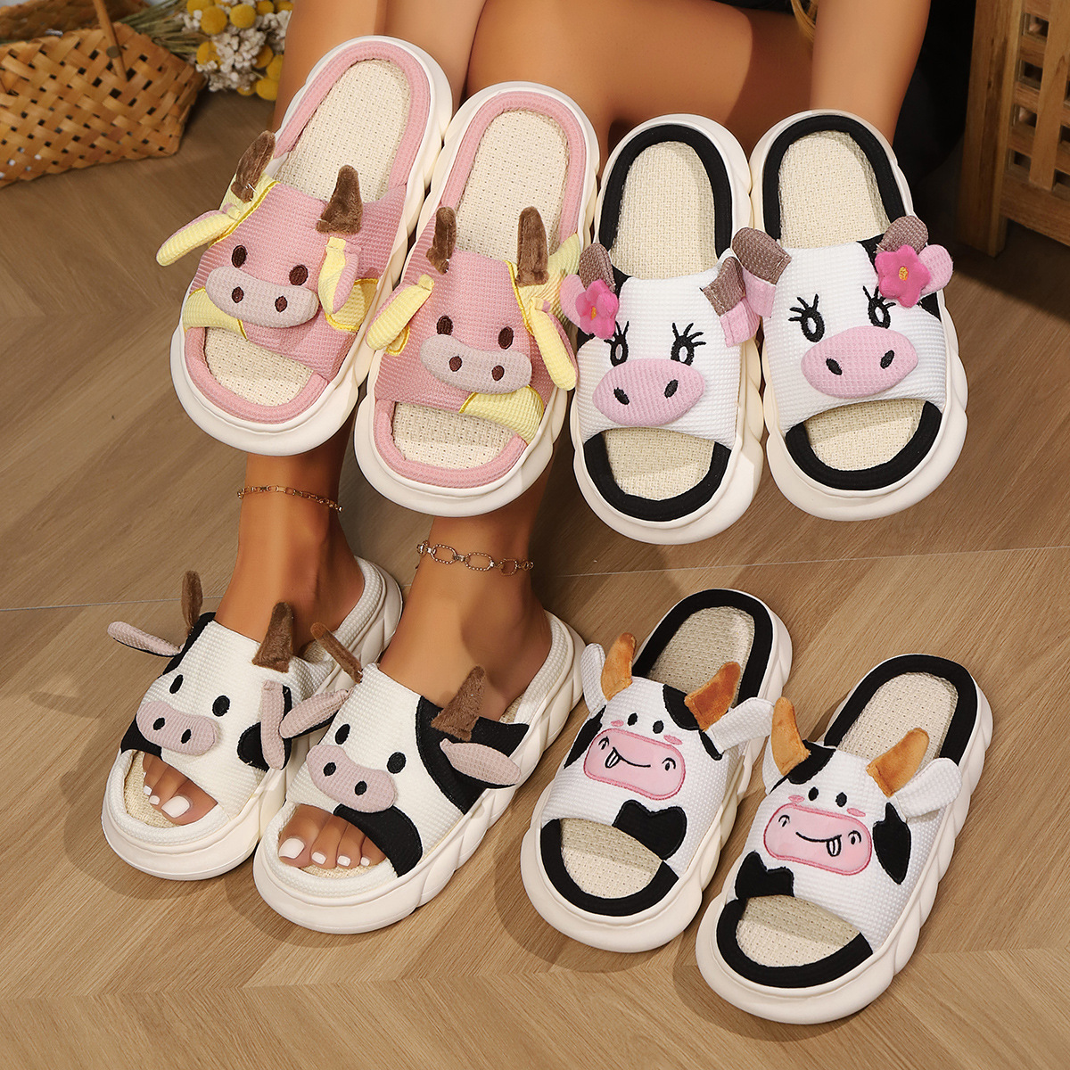 Fashion designer cartoon cute cow linen slippers soft comfortable soles indoor home use waterproof platform non-slip thick-soled sandals outdoor Summe