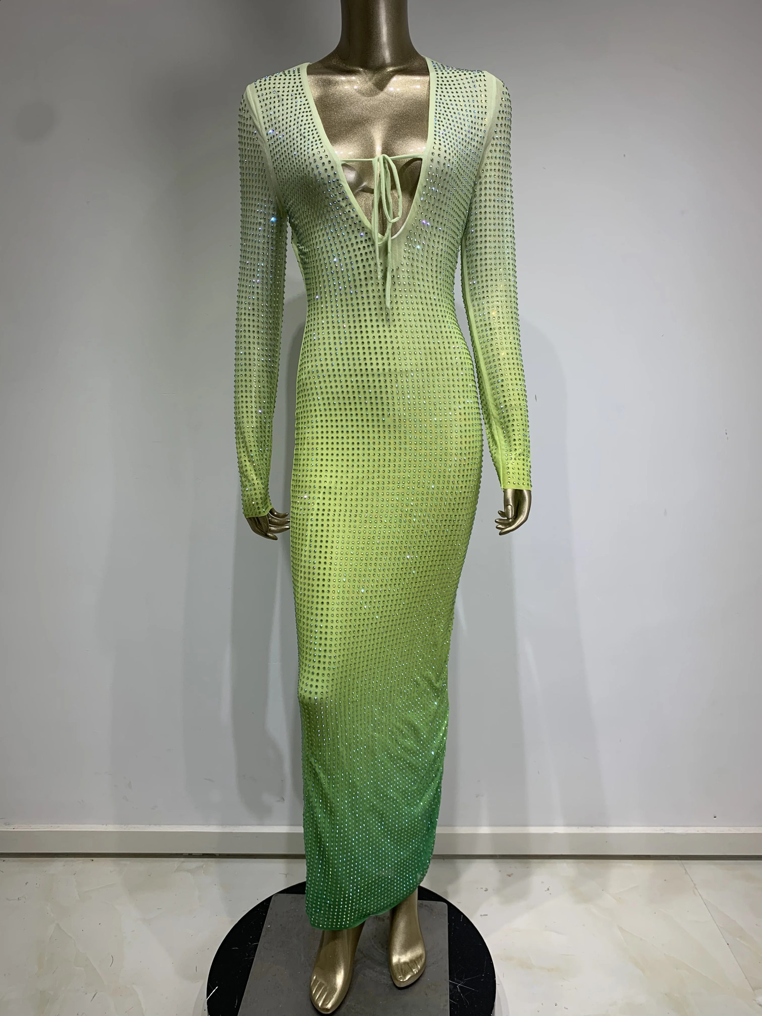 Women Sexy Mesh Rhinestone Crystal Diamonds Stretched Gradient Cut Out Ankle Length Long Party Dress Vestido 240823