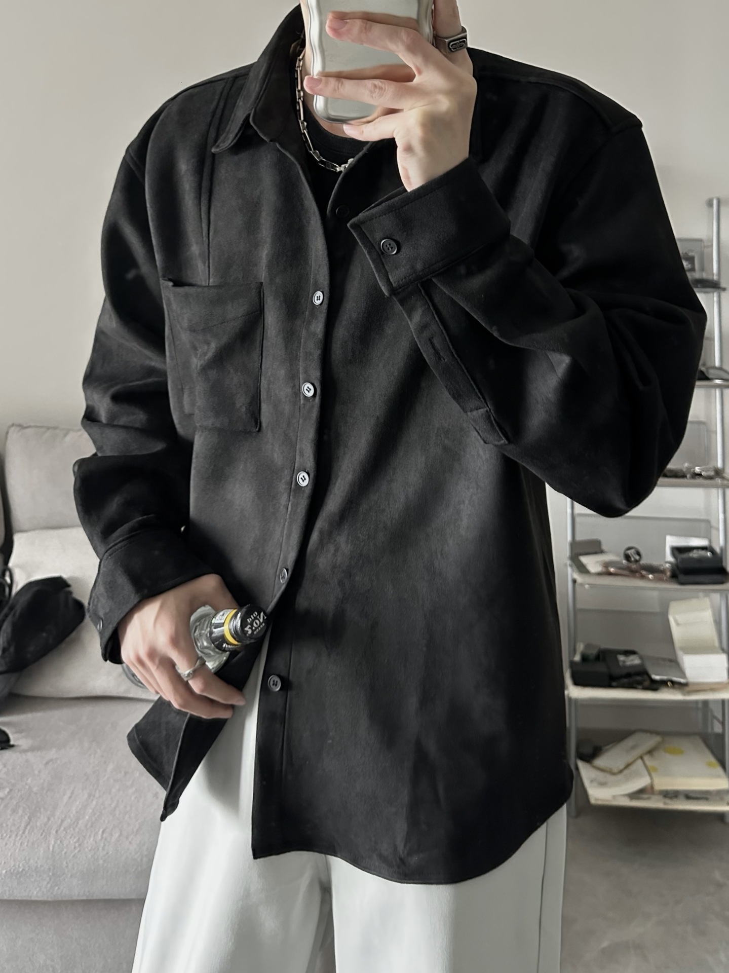 Suede Suede Long Sleeved Shirt for Men Korean Style Trendy and Cool Outfit Spring and Autumn New Loose Jacket Top