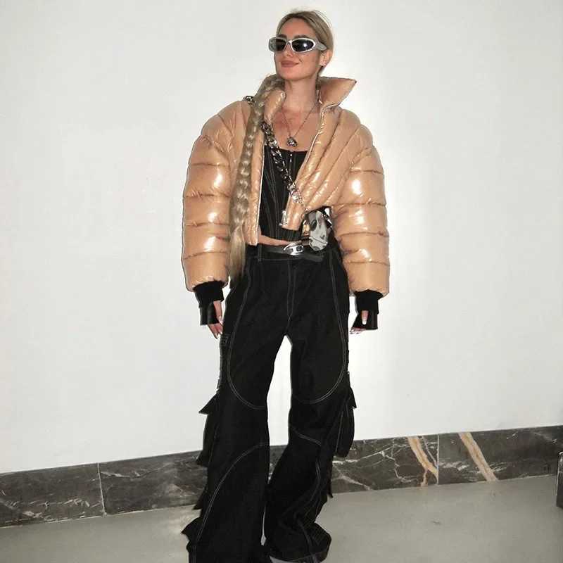 Women's Down Parkas Fall Winter Women Broad Shoulder Puffer Jacket High Waist Warm Bubble Coats Slim Bomber Parkas Jacket Zipper Cropped Parkas D