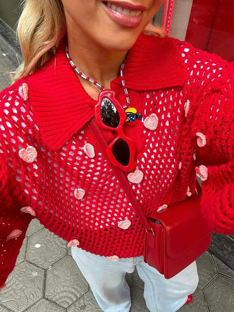 Hearts Red Print Hollow Out Knit Sweater Women Chic Lapel Lantern Sleeves Pullover Autumn Female High Street Thin Knitwear 240824