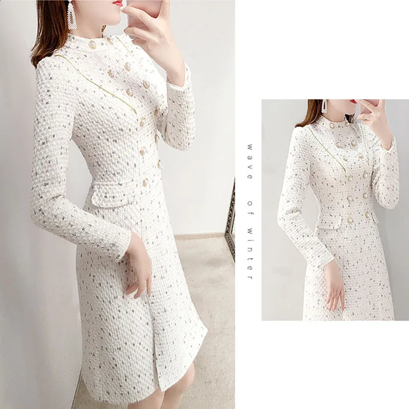 Arrival Fitted Elegant Women Dress Pearl Button Tweed Dress Sexy Split Long Sleeve With Belt Pencil Dress Plus Size S-XXL 240824