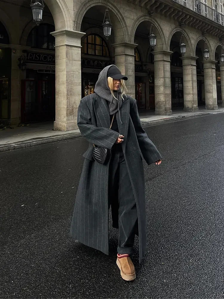 2024 Dark Grey Stripe Woolen Overcoat Fashion Lapel Long Sleeves Loose Coats Autumn Lady Commute Office Outwear 240823