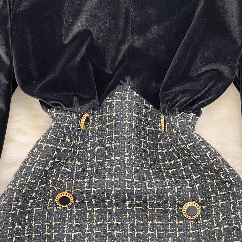 Vintage Black Velvet Dress Women Spring Autumn Long Sleeve Patchwork Tweed Mini Dress Party Dress Vestidos 240824