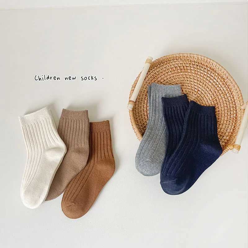 5 Pairs/Lot ChildrenS Socks Set Solid Color Double Needle Cotton Kids Mid-Tube Socks Candy Color Boys And Girls Student Socks CL240824