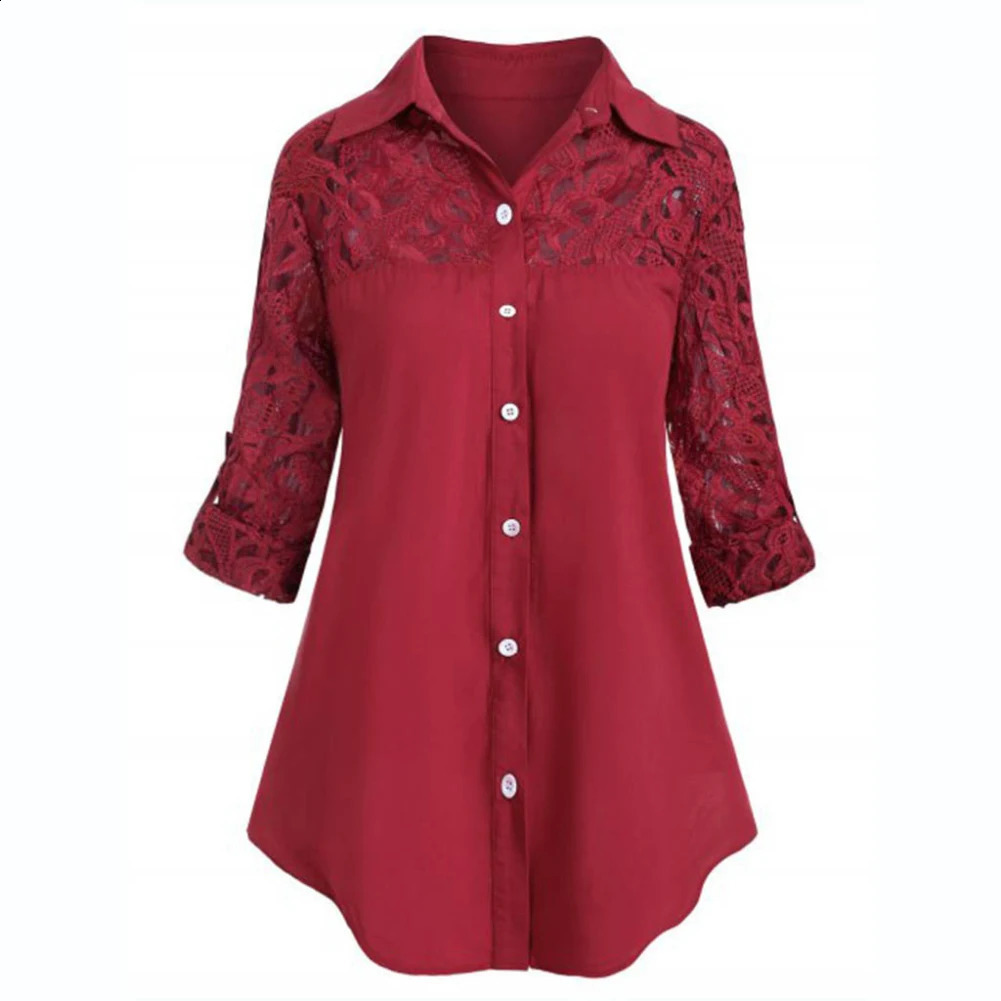 Women Casual Ladies solid color Turn Down Collar lapel long-sleeved lace stitching single-breasted office top shirt 240823