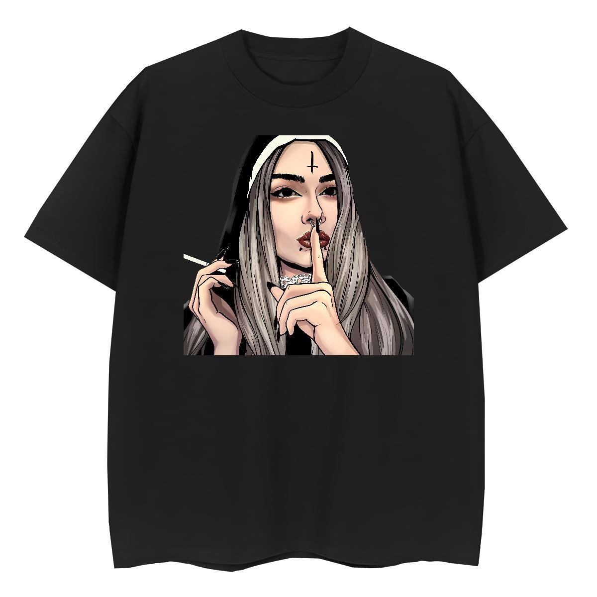 Lady Women Tees 230g Cotton nun Casual Sport T Shirts Women Short Sleeve O-Neck Cartoon Floral Printing Clothes