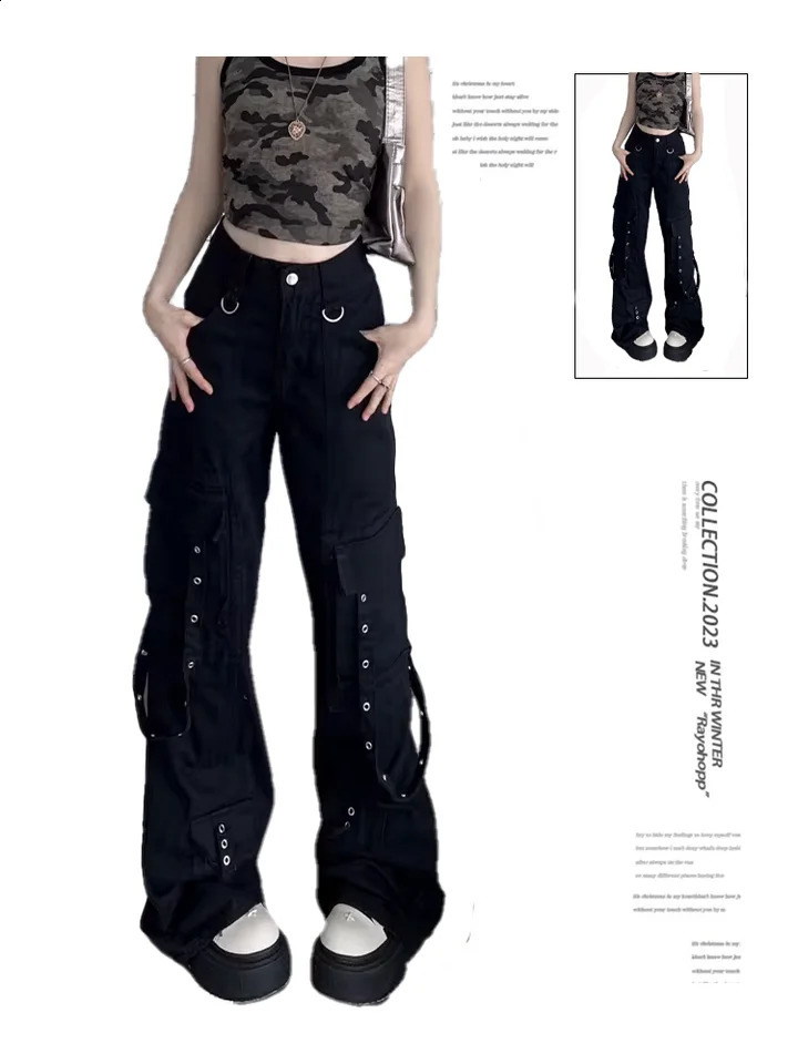 Womens Black Gothic Y2k Freight Jeans Harajuku 2000s 90s Fashion Pocket Denim Trouser Emo Retro Garbage Clothing 240823