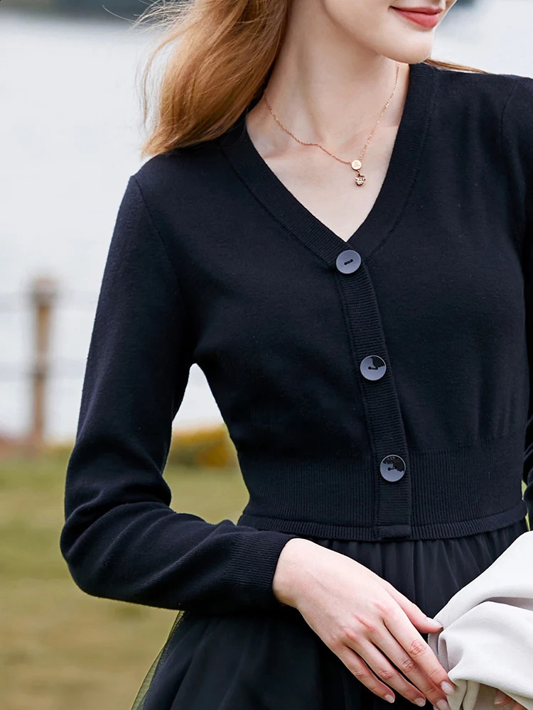 I BELIEVE YOU Knitted Dresses Autumn Winter Korean Vneck Long Sleeves Patchwork Mesh Dress Slim Midi Female Vestios 2214134094 240824