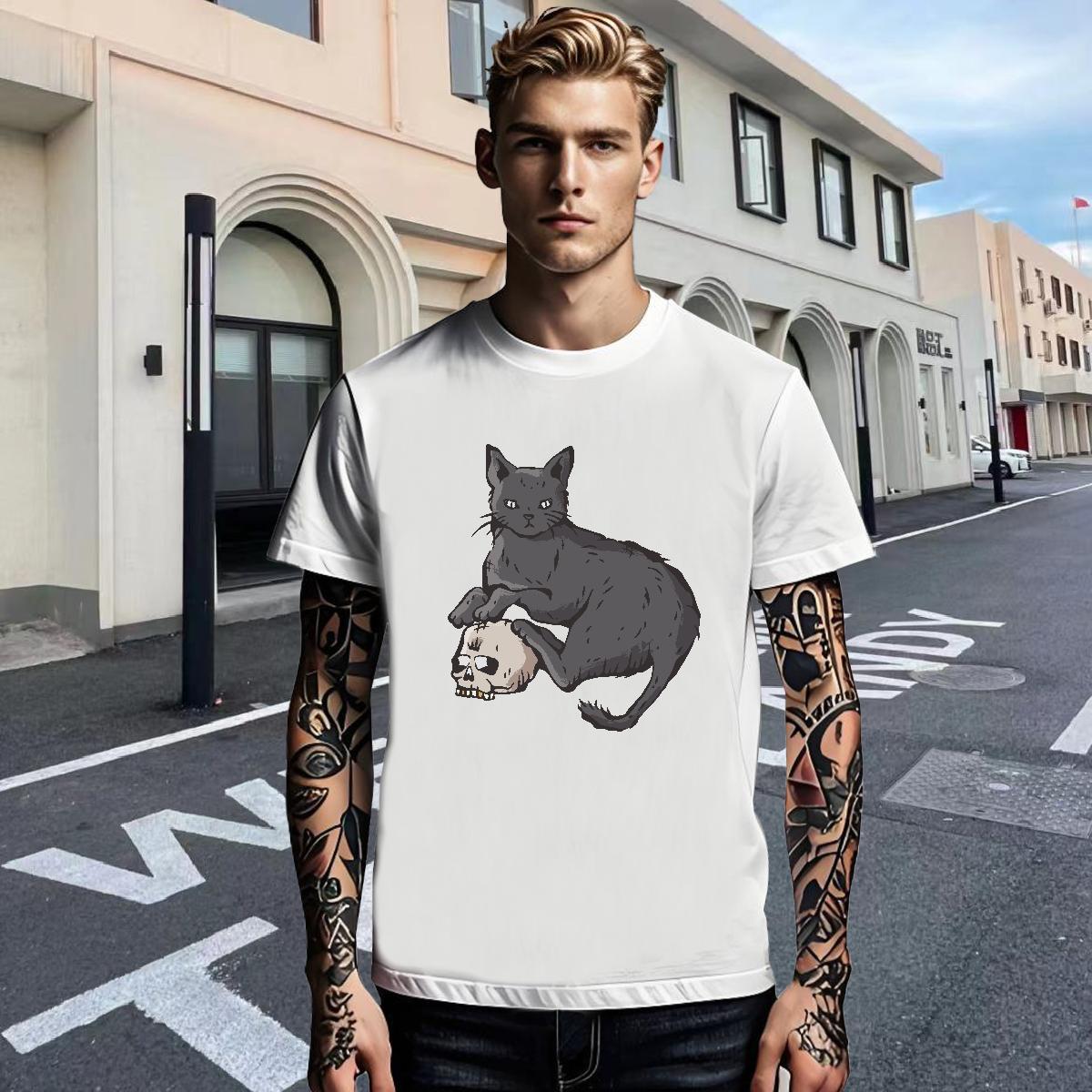 New Men Tshirts cat Sports Casual 100% Cotton 230g Tees Shirts Pure Cotton TOP Quality T-Shirts for Men Anime Print
